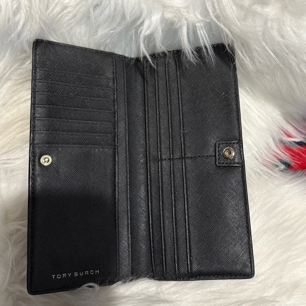 Tory Burch Black Leather Continental Wallet with Gold Logo